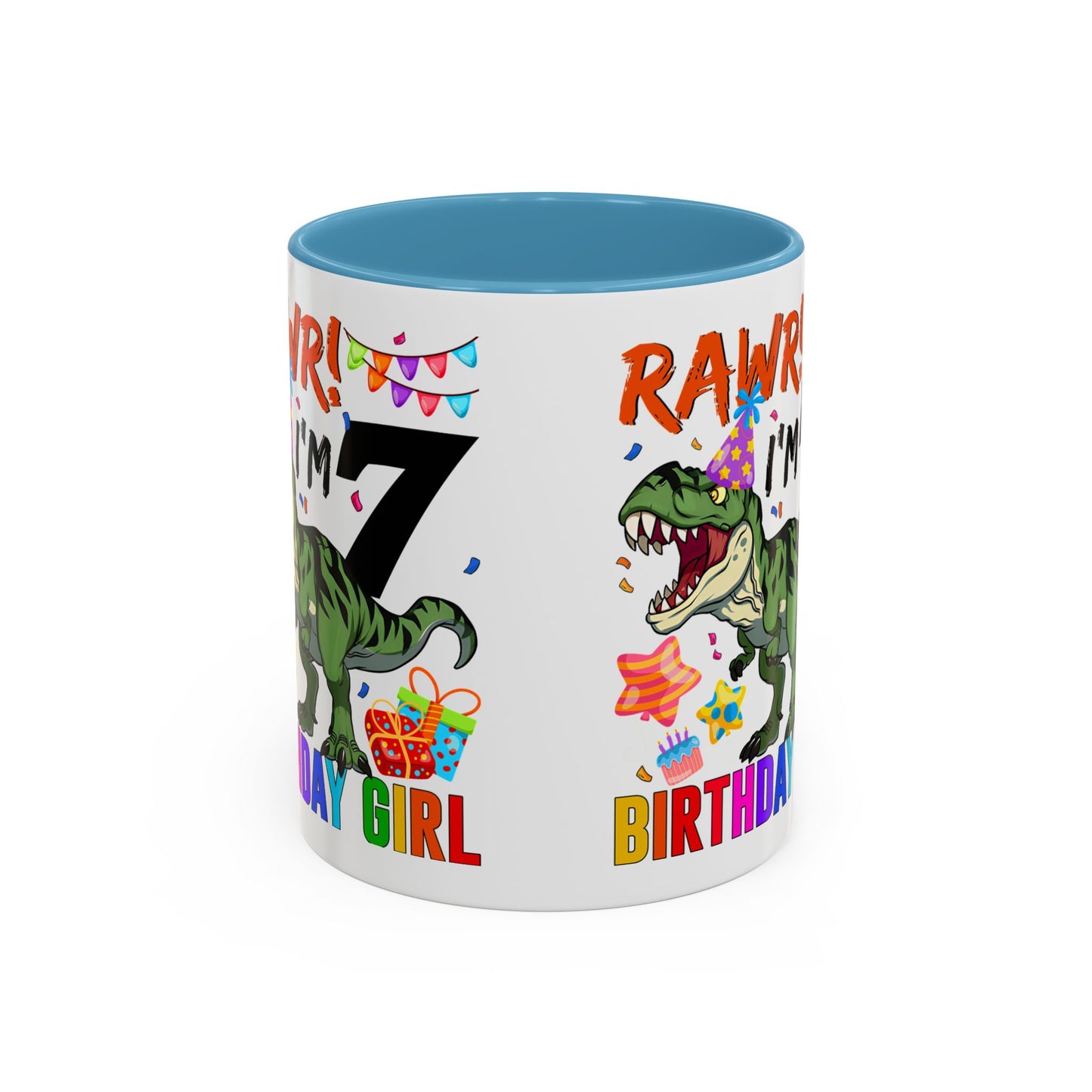 7th Birthday Dinosaur Coffee Mug — "RAWR! I'm 7" Colorful Birthday Girl Accent Mug (11/15oz)
