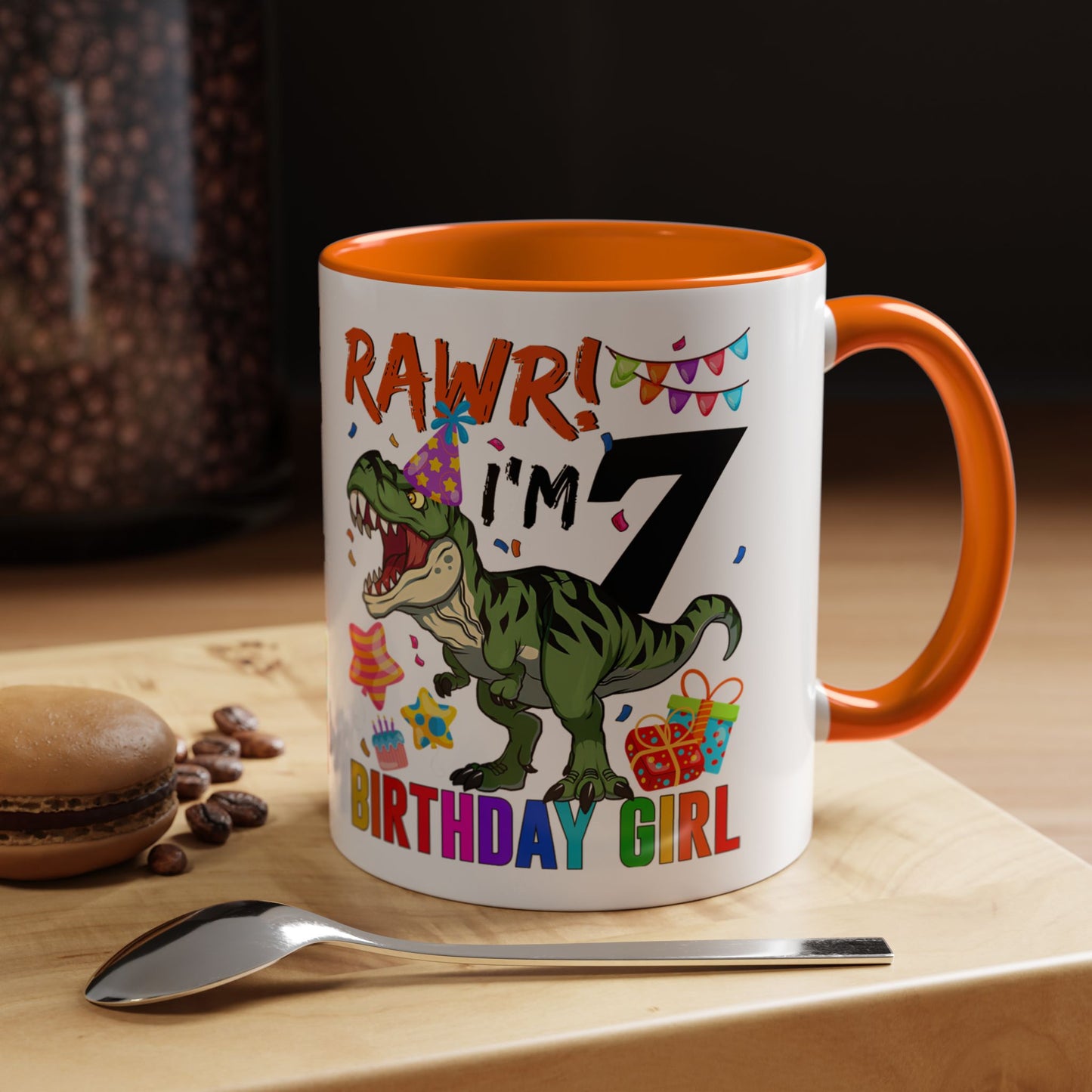 7th Birthday Dinosaur Coffee Mug — "RAWR! I'm 7" Colorful Birthday Girl Accent Mug (11/15oz)