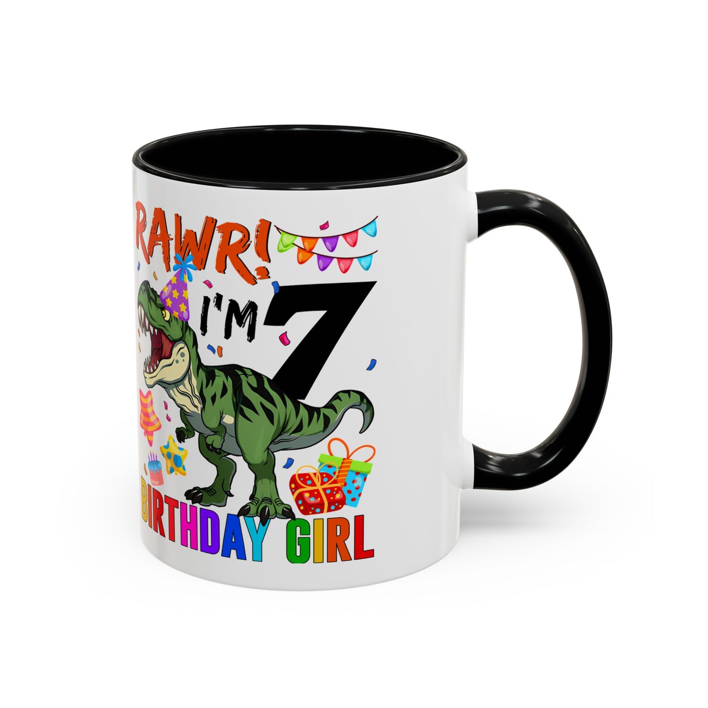 7th Birthday Dinosaur Coffee Mug — "RAWR! I'm 7" Colorful Birthday Girl Accent Mug (11/15oz)