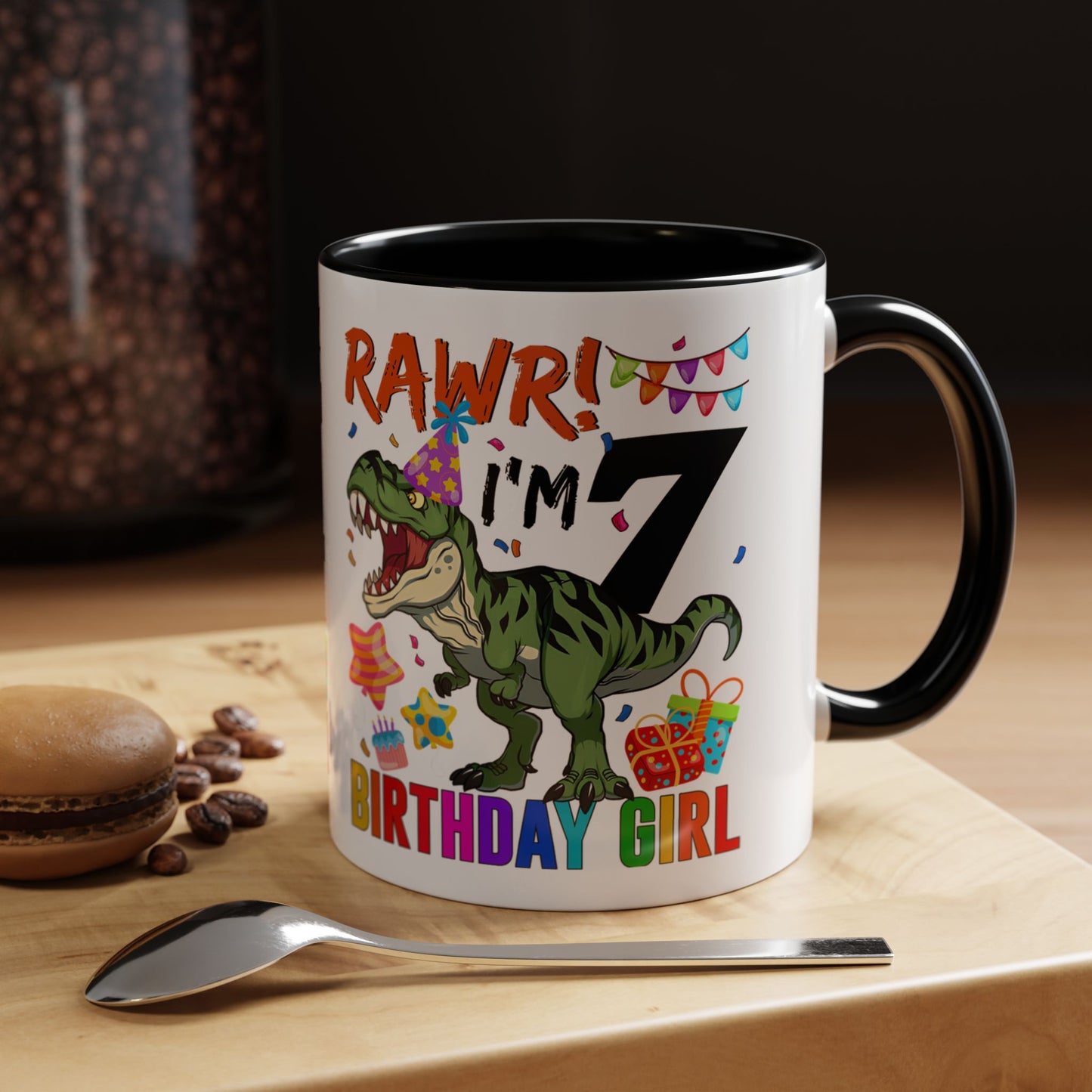 7th Birthday Dinosaur Coffee Mug — "RAWR! I'm 7" Colorful Birthday Girl Accent Mug (11/15oz)