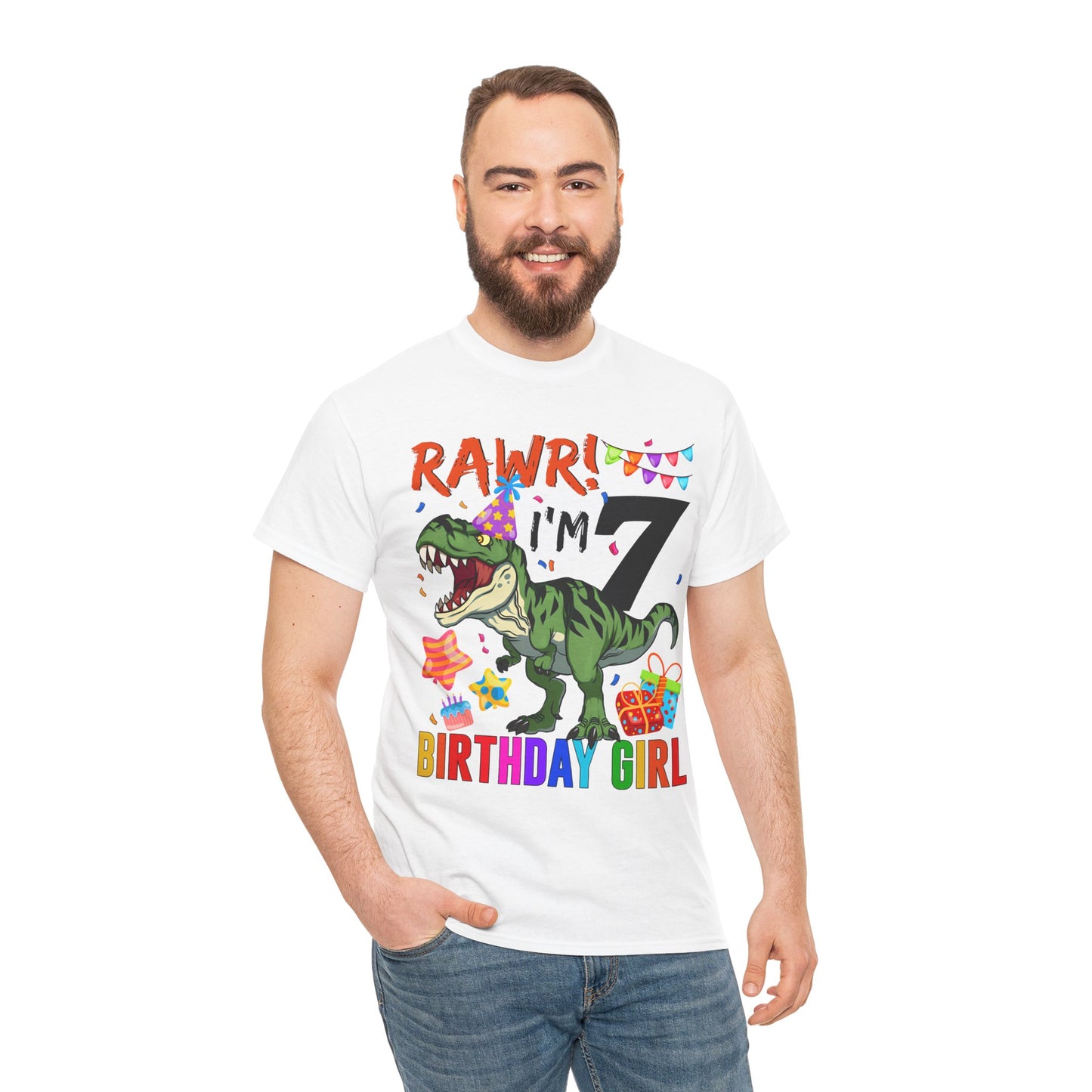 7th Birthday Girl T‑Shirt — "RAWR! I'm 7" Dinosaur Party Tee
