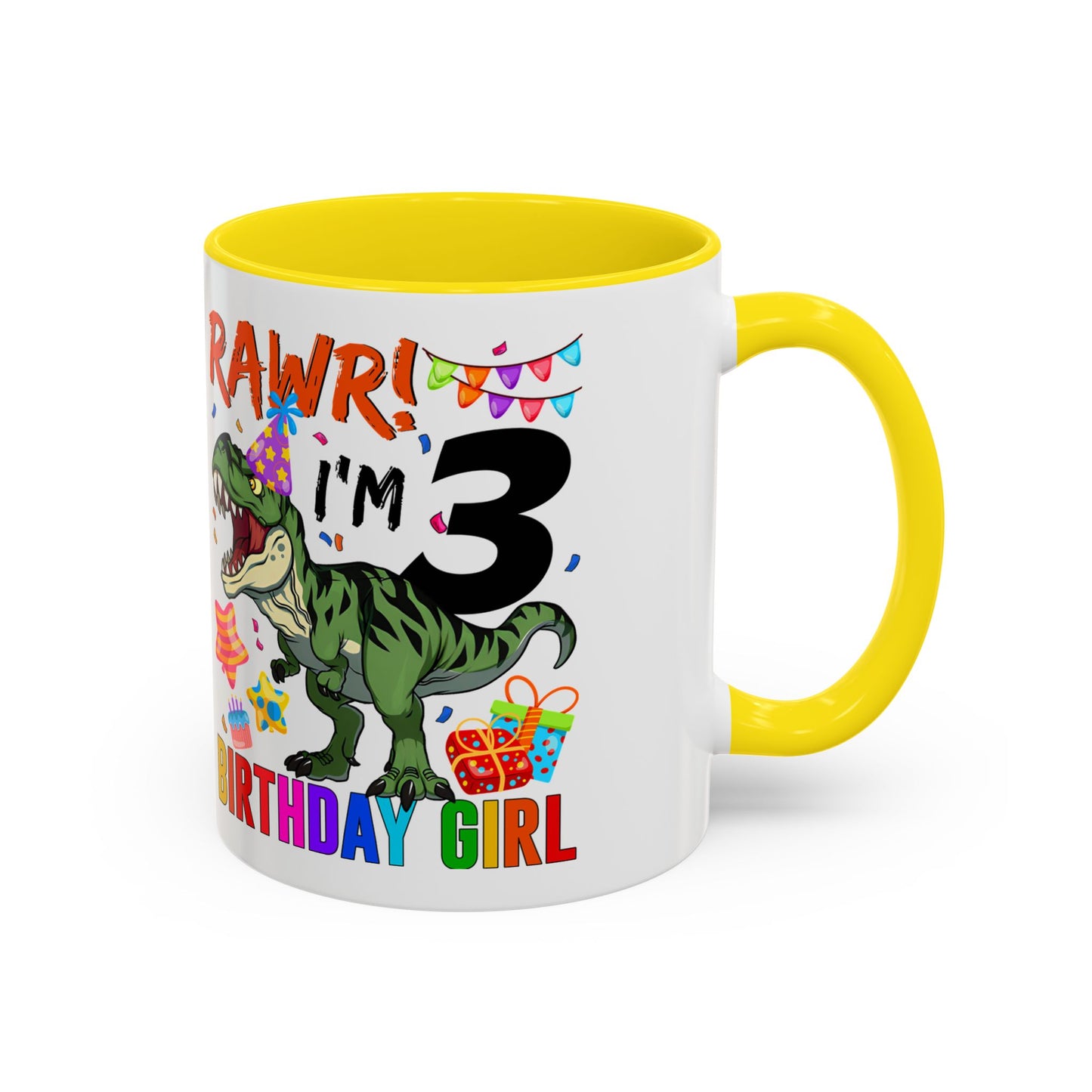 3rd Birthday Girl Dinosaur Coffee Mug - "RAWR! I’m 3" Accent Mug