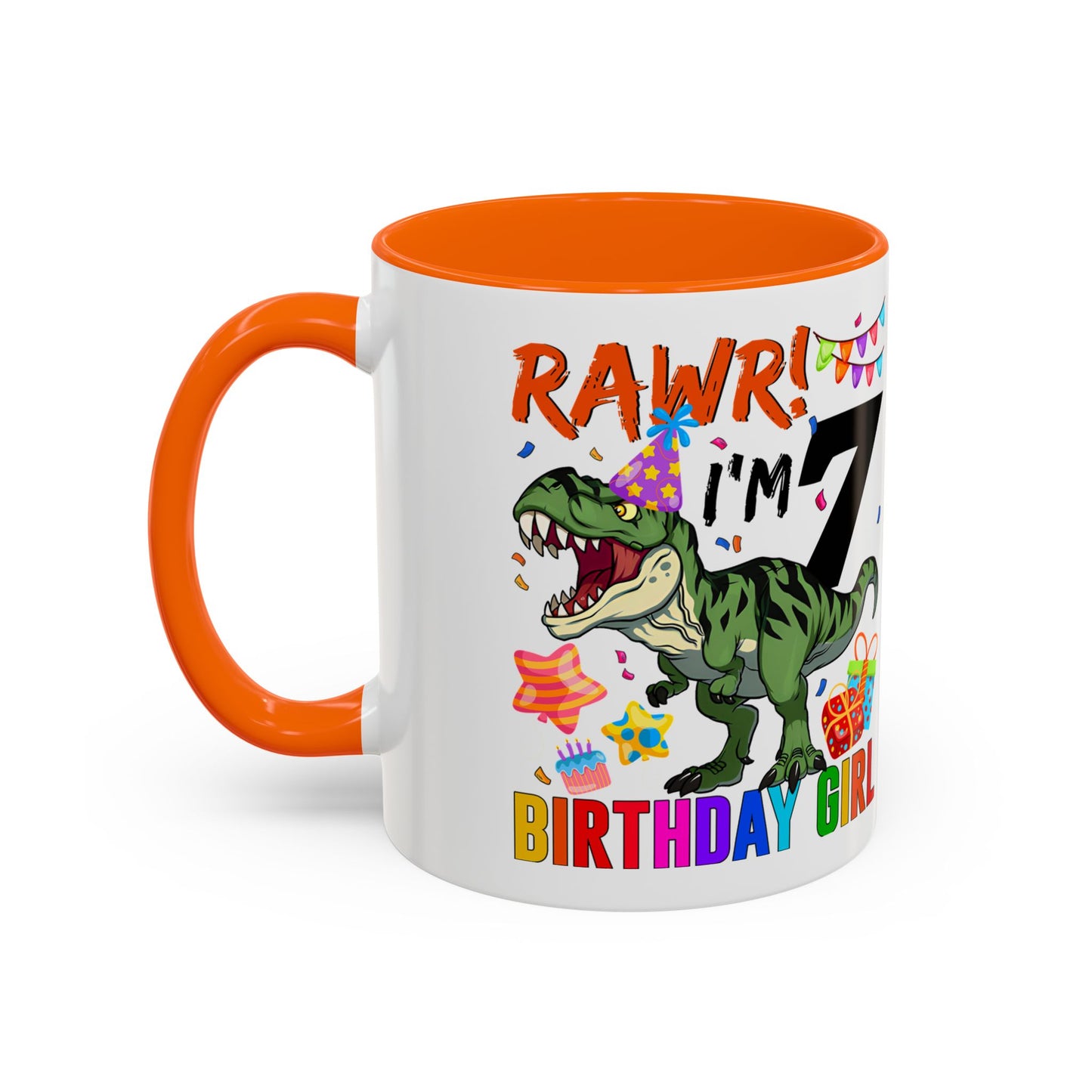 7th Birthday Dinosaur Coffee Mug — "RAWR! I'm 7" Colorful Birthday Girl Accent Mug (11/15oz)