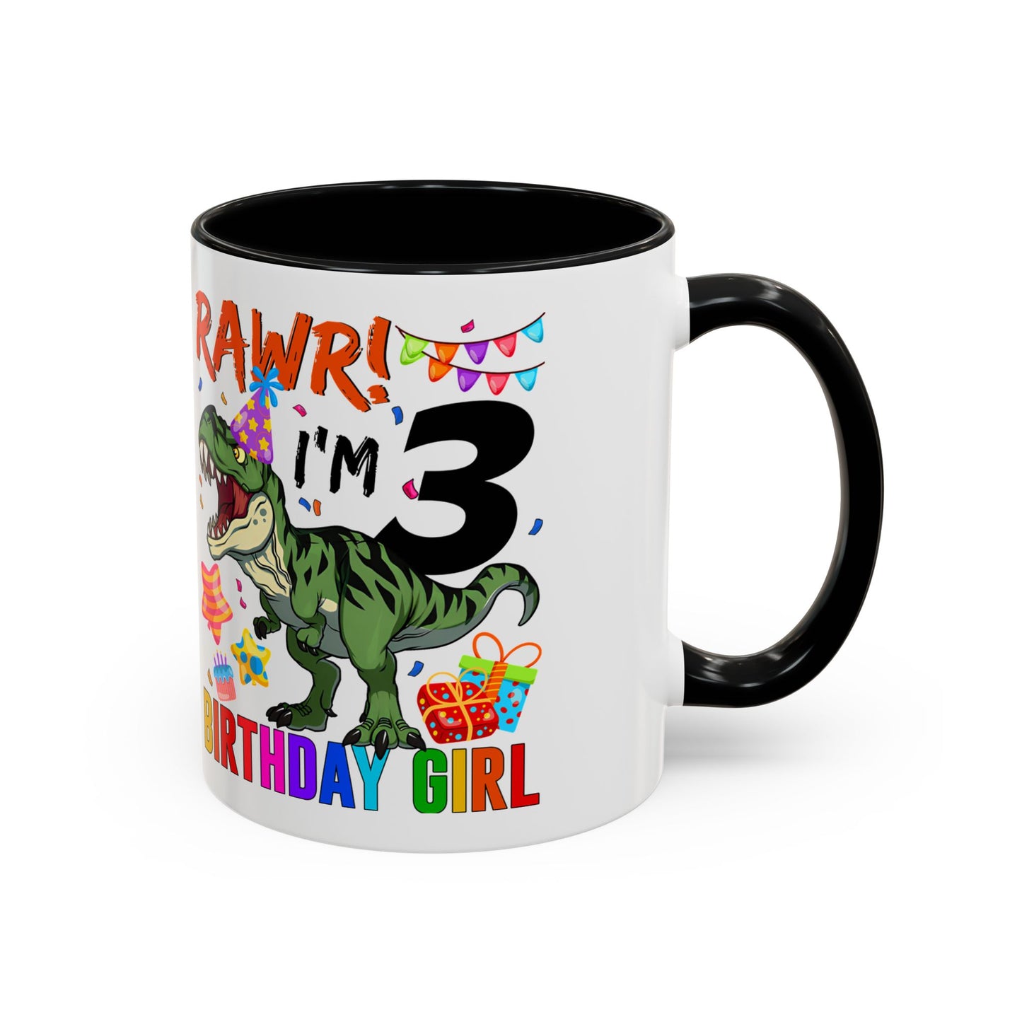 3rd Birthday Girl Dinosaur Coffee Mug - "RAWR! I’m 3" Accent Mug