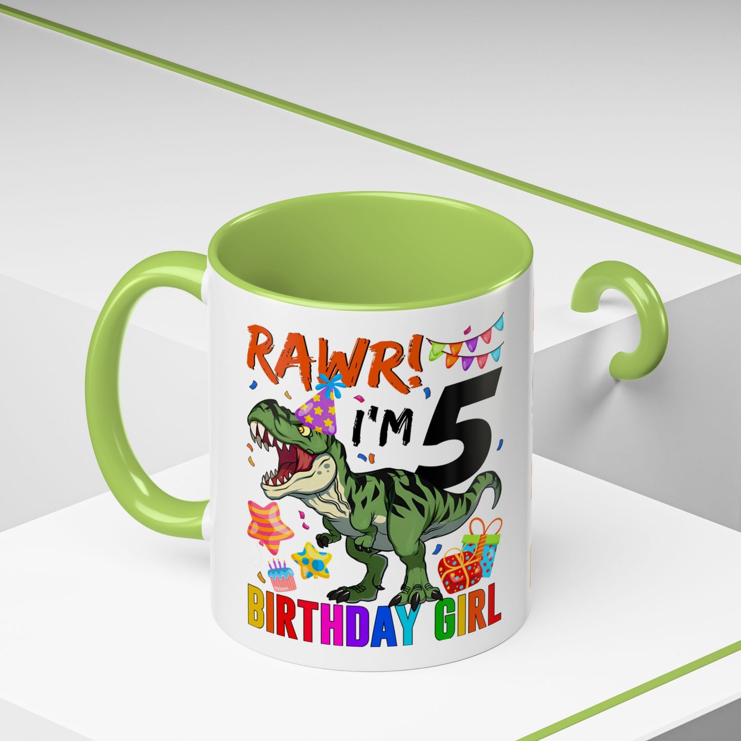 Birthday Dinosaur Coffee Mug — “RAWR! I’m 5” Colorful Kids Birthday Gift (11/15oz)