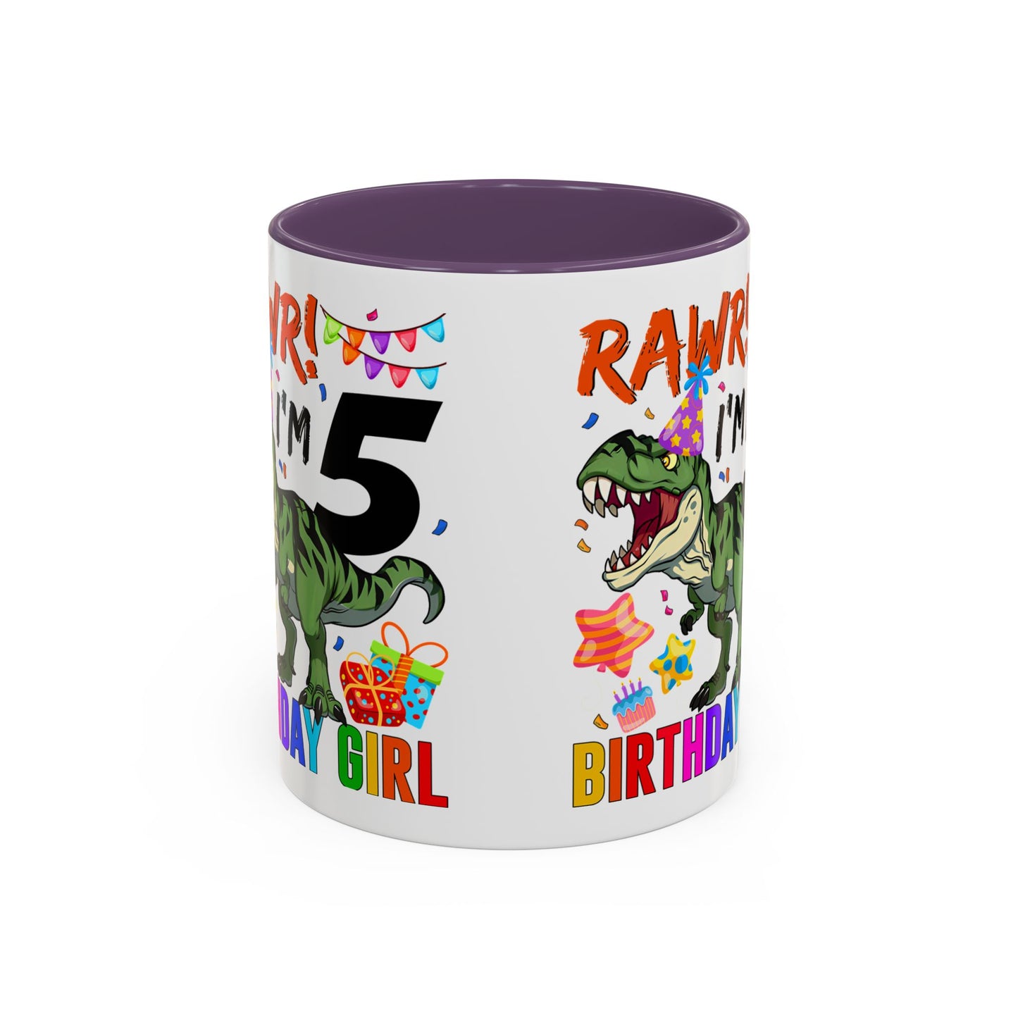 Birthday Dinosaur Coffee Mug — “RAWR! I’m 5” Colorful Kids Birthday Gift (11/15oz)