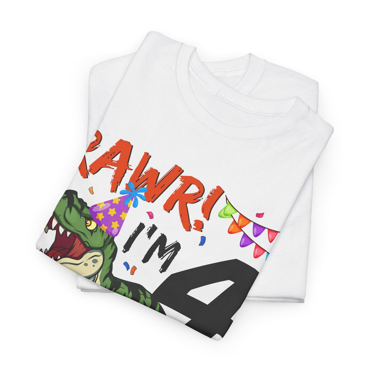 4th Birthday Girl Dinosaur T-Shirt — "RAWR! I'm 4" Colorful Party Tee