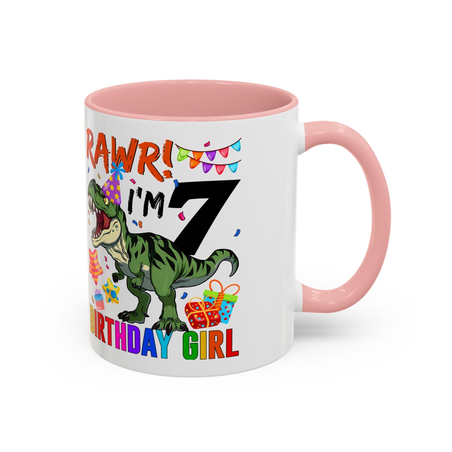 7th Birthday Dinosaur Coffee Mug — "RAWR! I'm 7" Colorful Birthday Girl Accent Mug (11/15oz)