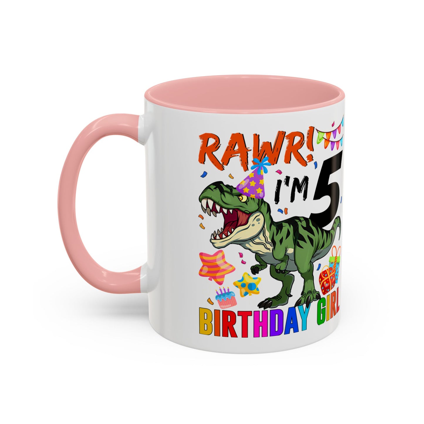 Birthday Dinosaur Coffee Mug — “RAWR! I’m 5” Colorful Kids Birthday Gift (11/15oz)