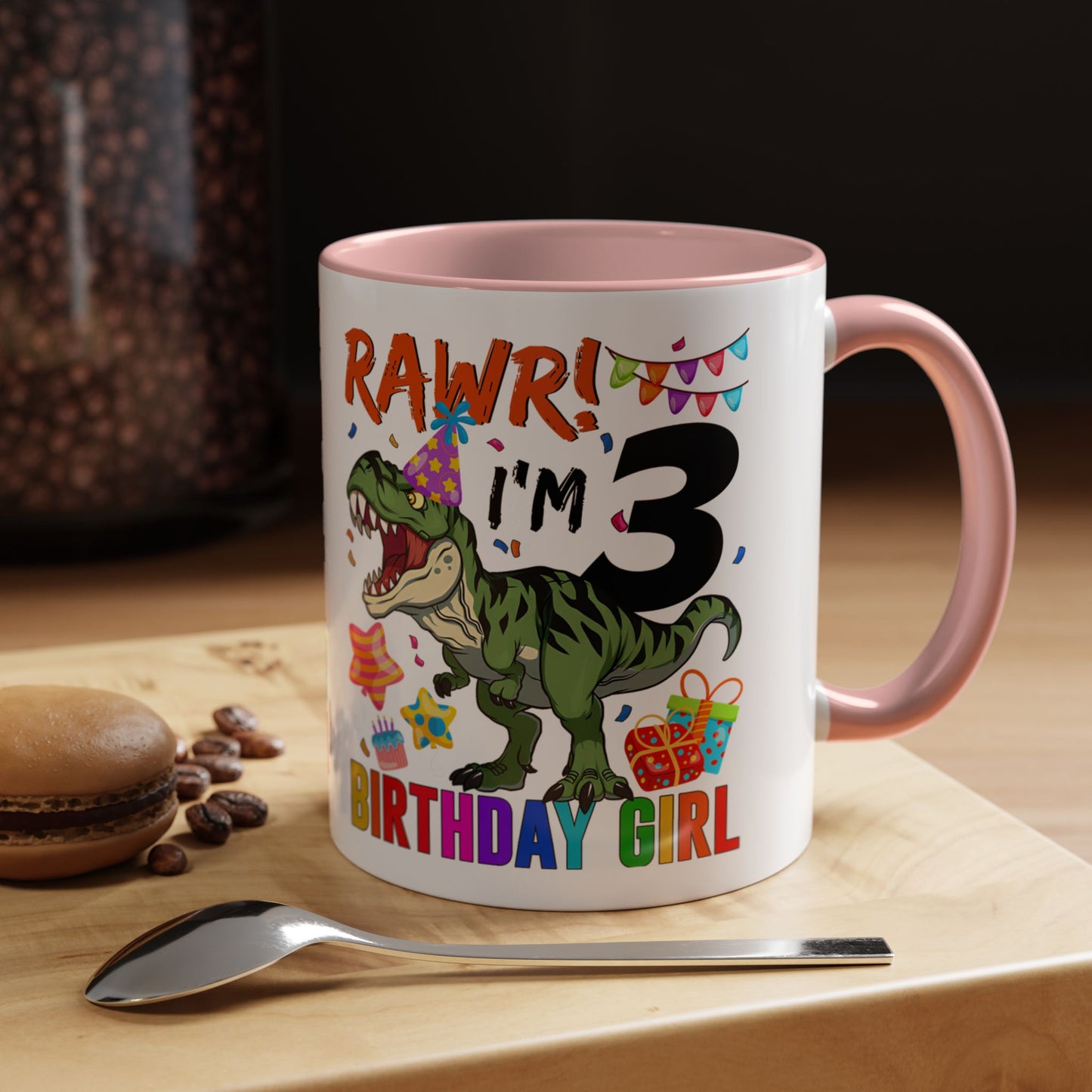3rd Birthday Girl Dinosaur Coffee Mug - "RAWR! I’m 3" Accent Mug