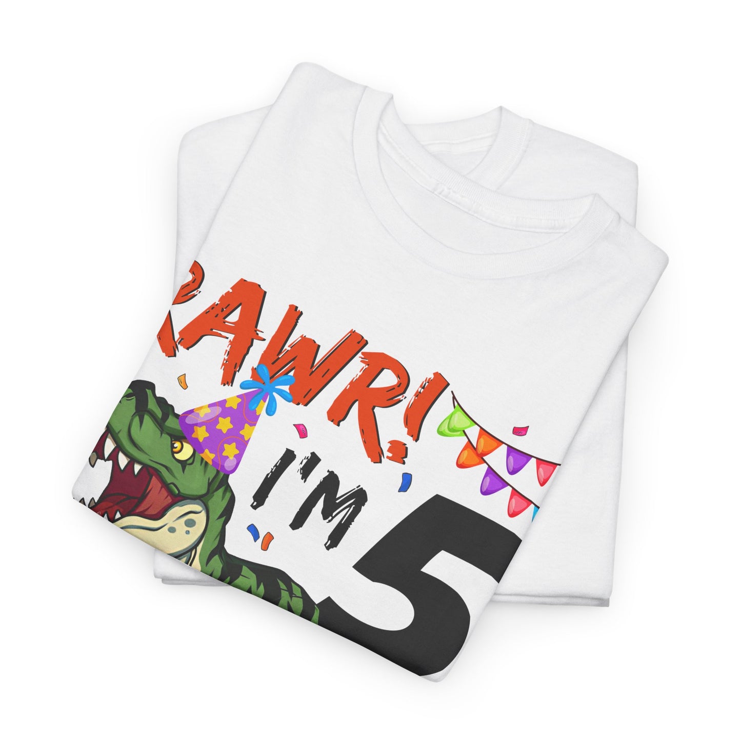 5th Birthday Girl T-Shirt — "RAWR! I'm 5" Dino Party Tee