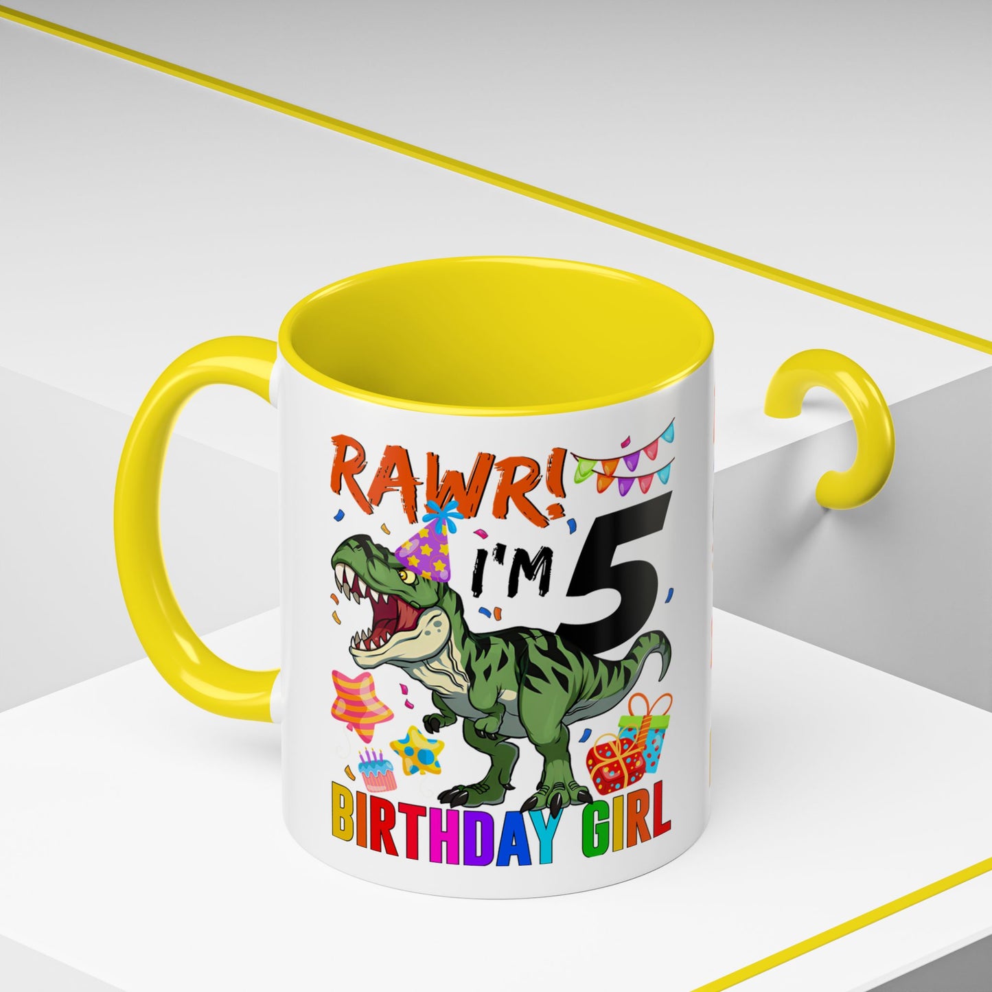 Birthday Dinosaur Coffee Mug — “RAWR! I’m 5” Colorful Kids Birthday Gift (11/15oz)