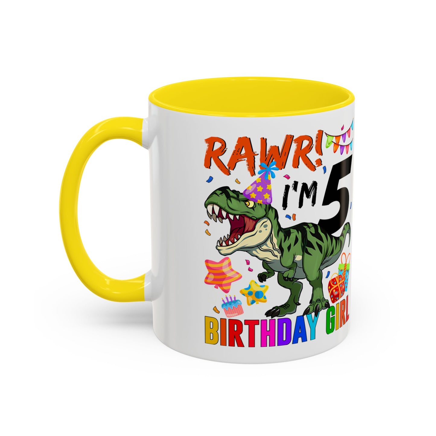 Birthday Dinosaur Coffee Mug — “RAWR! I’m 5” Colorful Kids Birthday Gift (11/15oz)