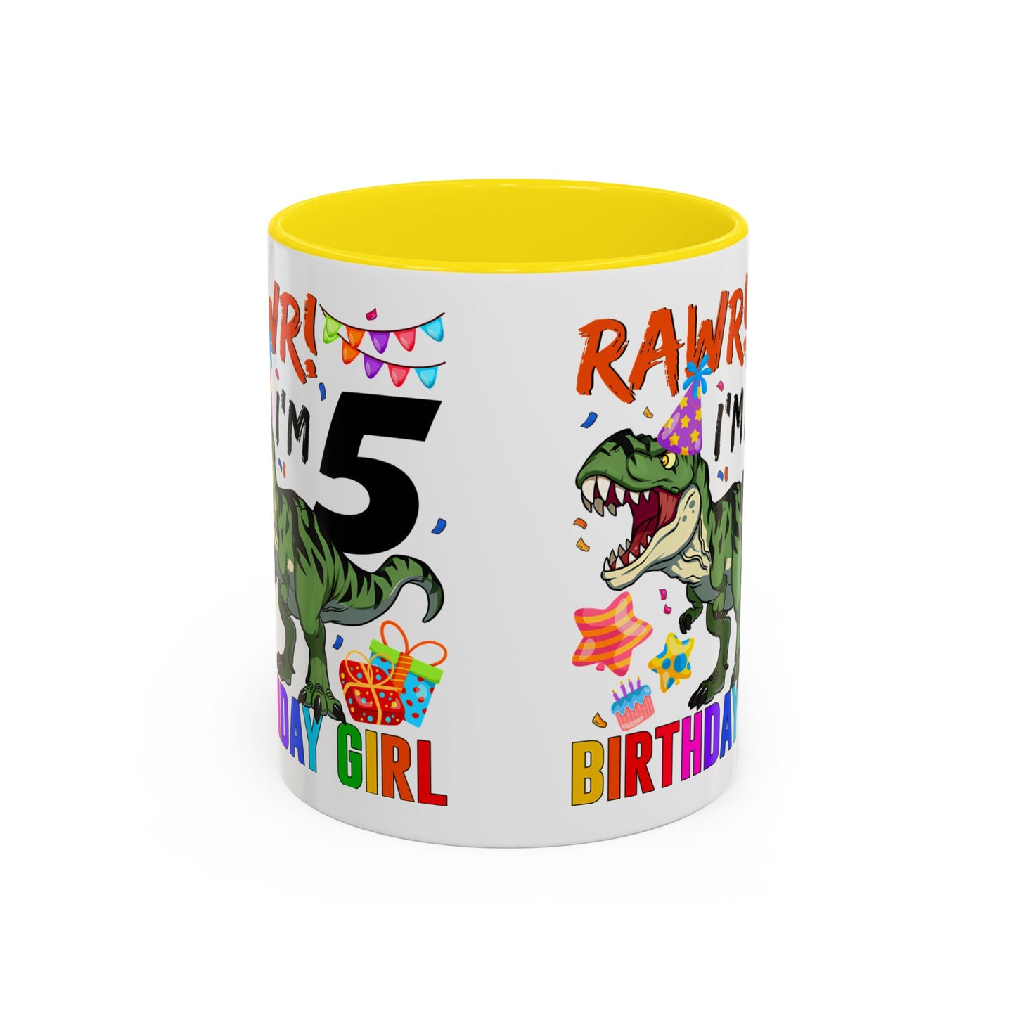 Birthday Dinosaur Coffee Mug — “RAWR! I’m 5” Colorful Kids Birthday Gift (11/15oz)