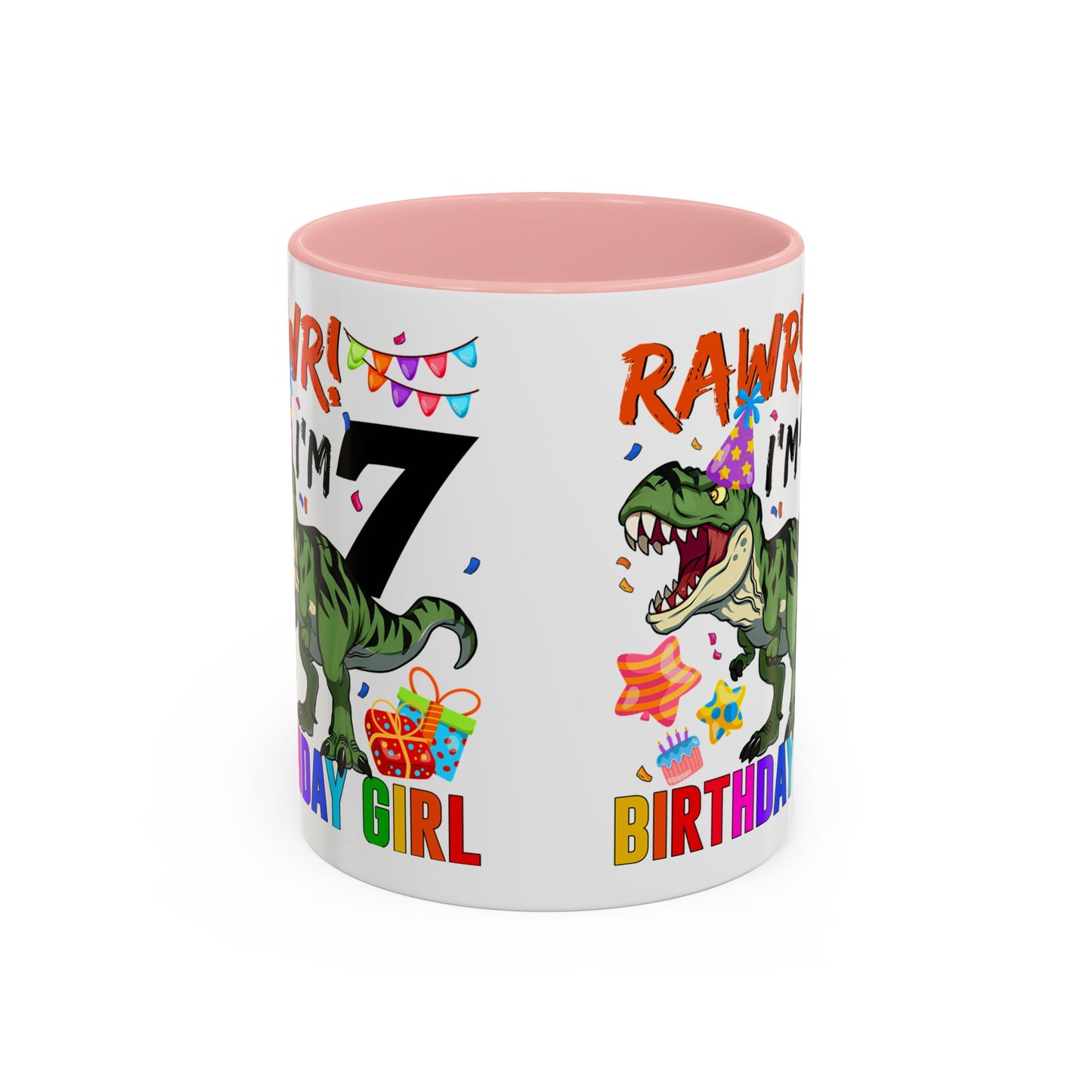 7th Birthday Dinosaur Coffee Mug — "RAWR! I'm 7" Colorful Birthday Girl Accent Mug (11/15oz)