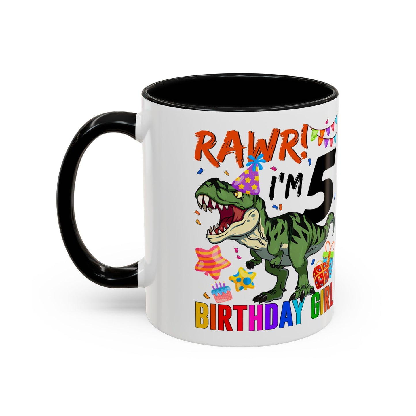 Birthday Dinosaur Coffee Mug — “RAWR! I’m 5” Colorful Kids Birthday Gift (11/15oz)