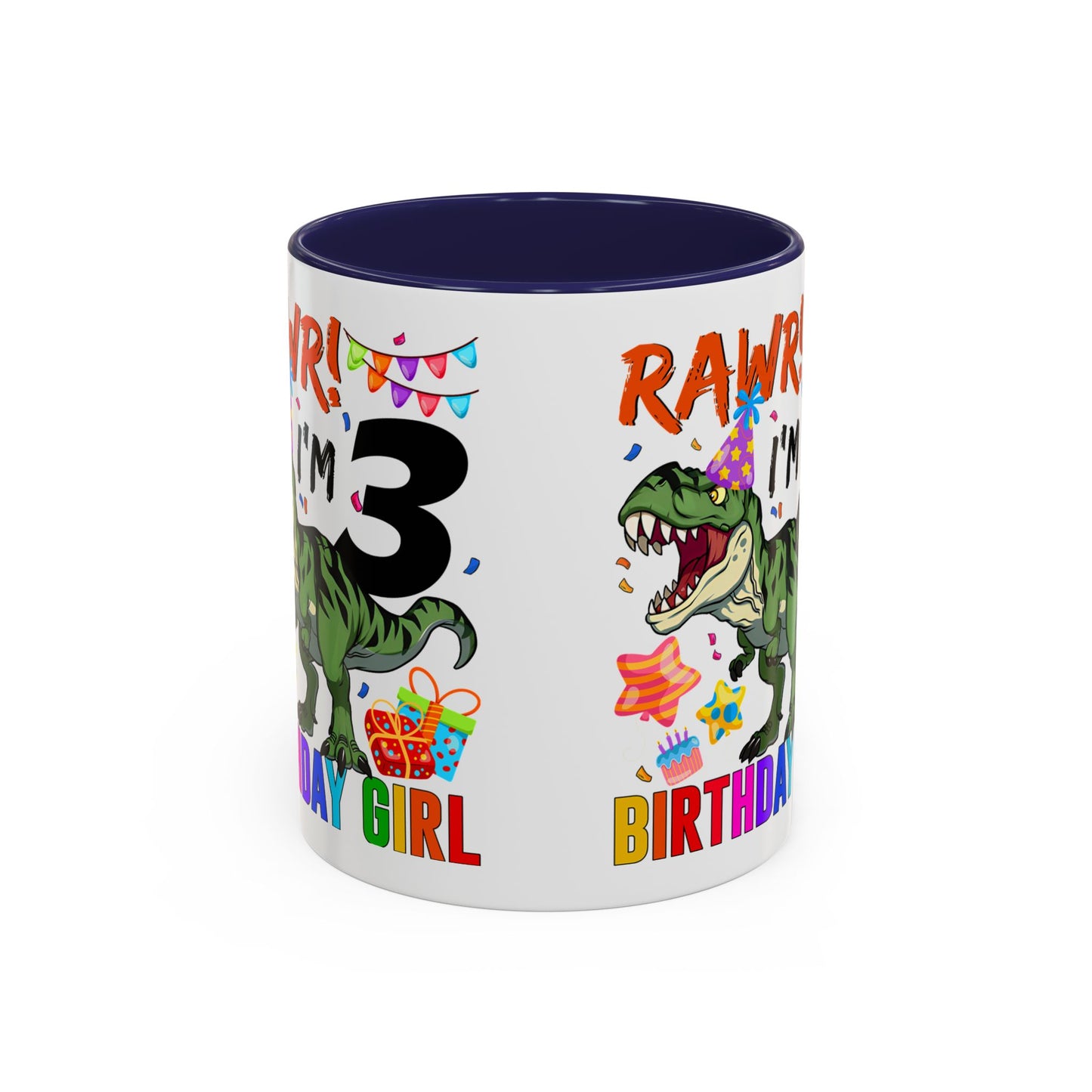 3rd Birthday Girl Dinosaur Coffee Mug - "RAWR! I’m 3" Accent Mug