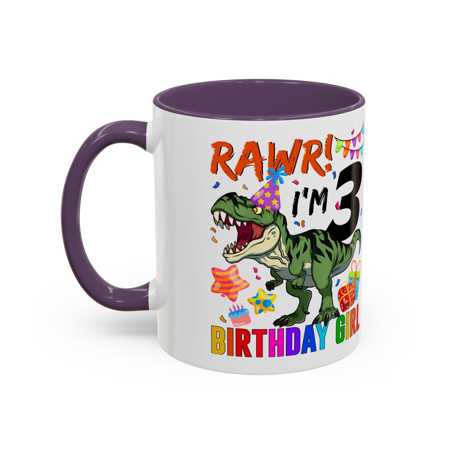 3rd Birthday Girl Dinosaur Coffee Mug - "RAWR! I’m 3" Accent Mug
