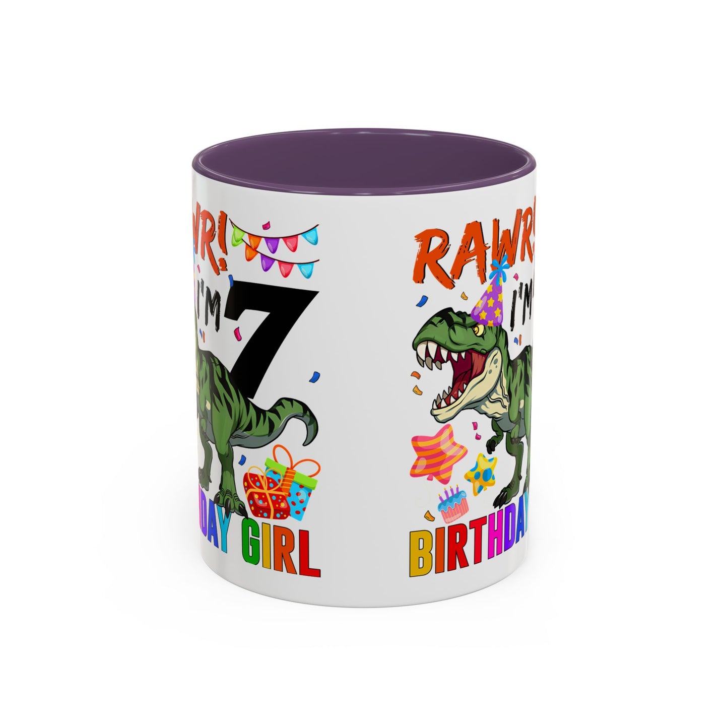 7th Birthday Dinosaur Coffee Mug — "RAWR! I'm 7" Colorful Birthday Girl Accent Mug (11/15oz)