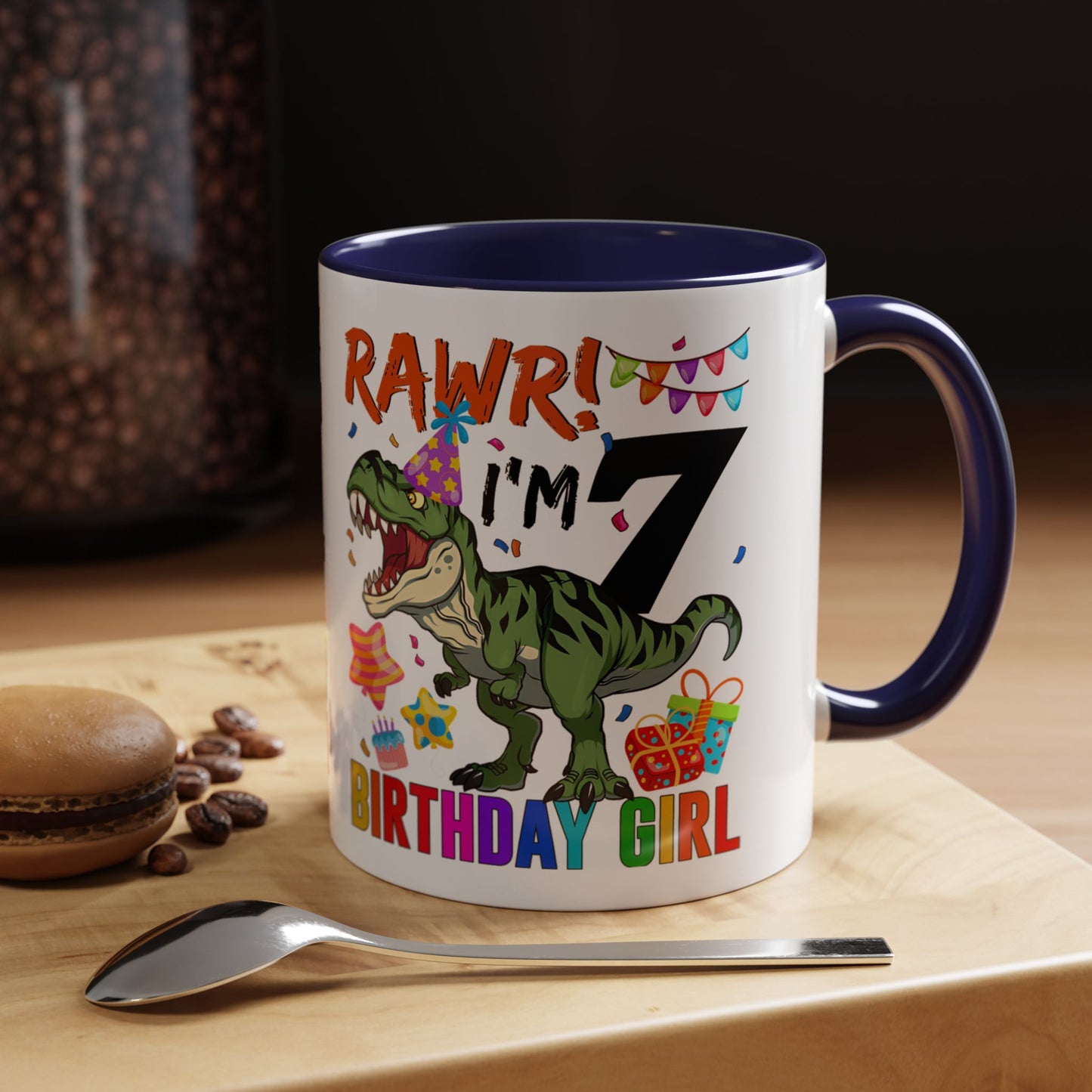 7th Birthday Dinosaur Coffee Mug — "RAWR! I'm 7" Colorful Birthday Girl Accent Mug (11/15oz)